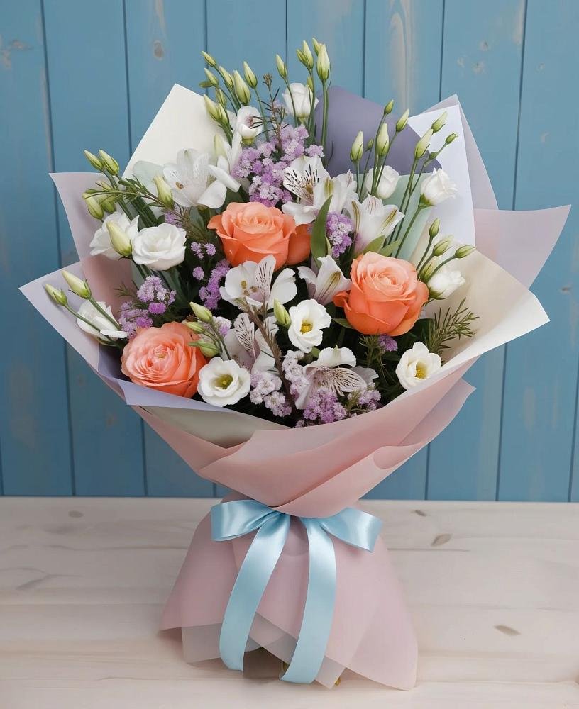 Букет цветов из: Лизиантусы, Розы, Альстромерии и Гипсофила в Ярополец